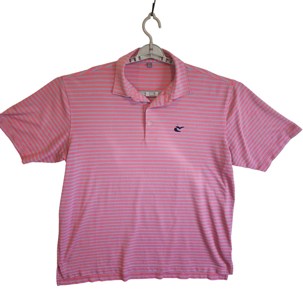 Mens XL Pink Blue Striped‎ Short Sleeve Polo Shirt Embroidered Logo MS16EK535